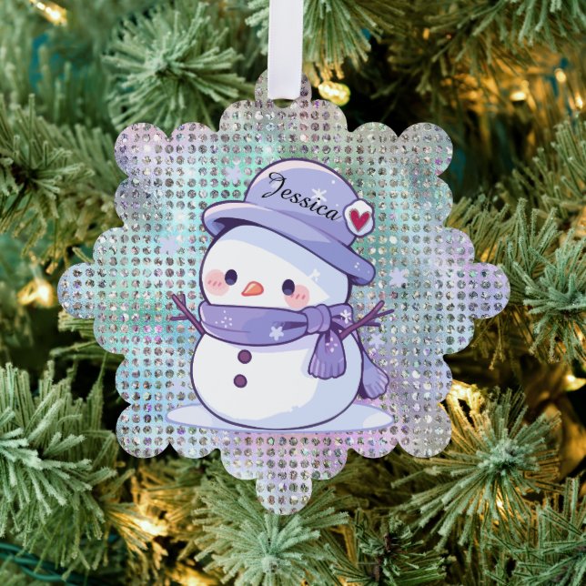 Cute Heart Snow Man Pastel Pattern Name Ornament Card (Insitu (Tree))