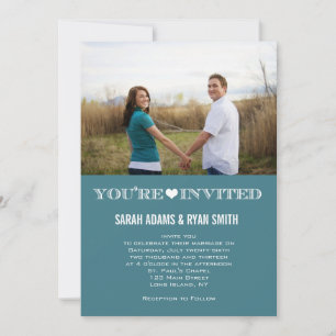 Cute Heart Teal Wedding Photo Invitations