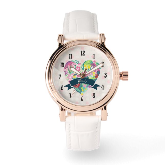 Cute Heart with Tropical Flowers Personalized Watch (Front)