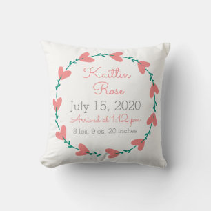 Cute Heart Wreath Baby Birth Announcement Throw Pillow
