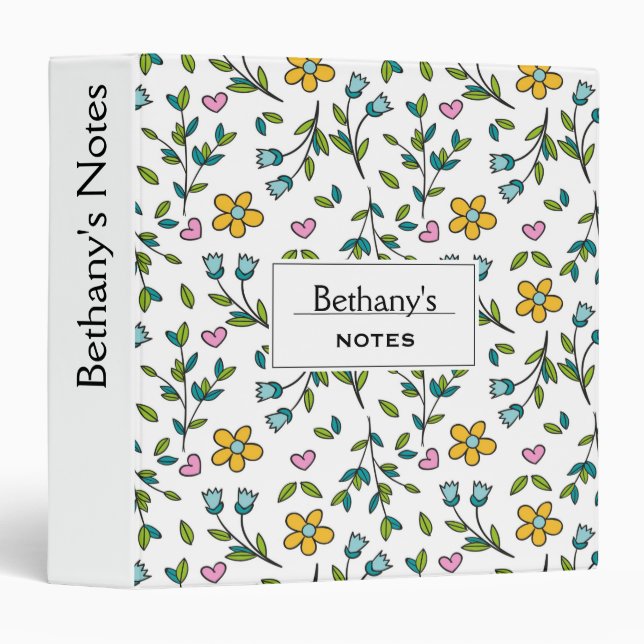 Cute Hearts and Flower Pattern Personalised Notes Binder (Front/Spine)