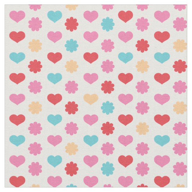 Cute Hearts and Flowers Pattern Kids Fabric (Close Up)
