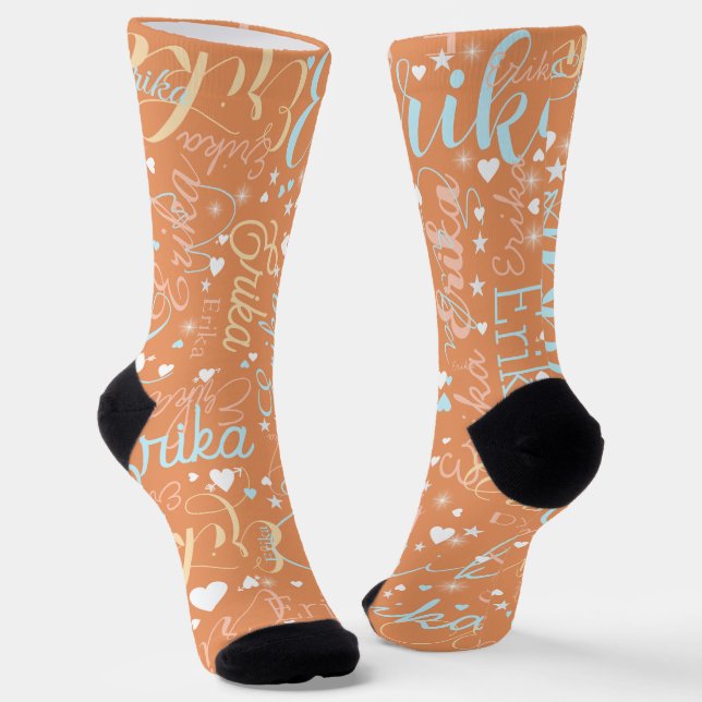 Cute Hearts and Stars with Name allover Apricot Socks (Angled)