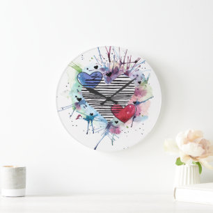 Cute Hearts And Washes In Watercolor Large Clock