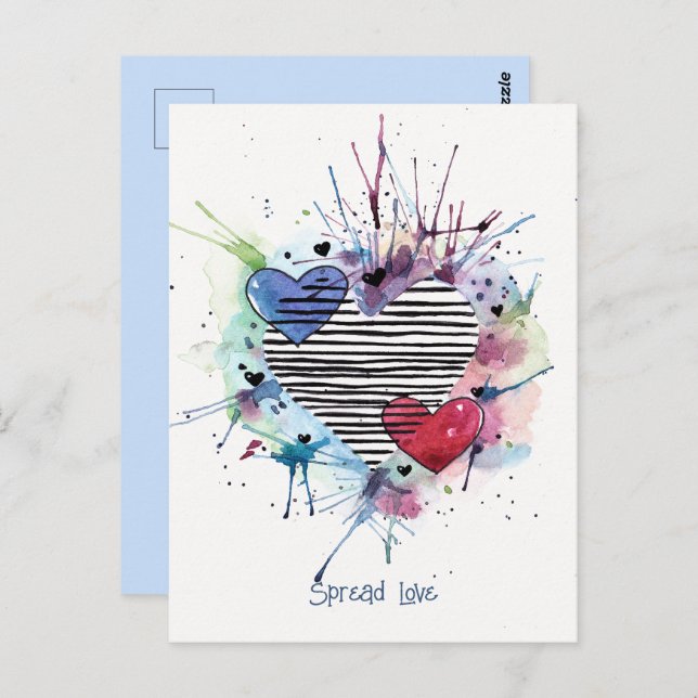 Cute Hearts And Washes In Watercolor  Postcard (Front/Back)