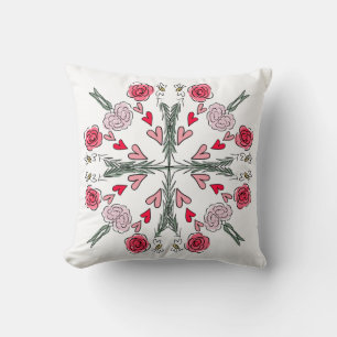 Cute Hearts Bees Roses Romantic Floral Doodles Throw Pillow