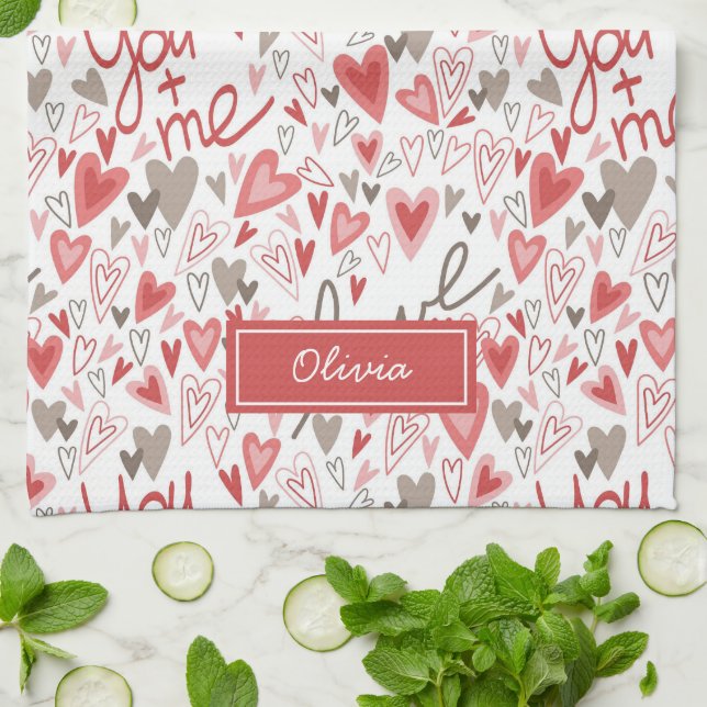 Cute Hearts Boho Valentines Pattern Kitchen Towel (Folded)