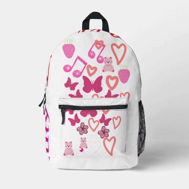 Cute Hearts & Butterflies Pink Backpack with Straw (Front)