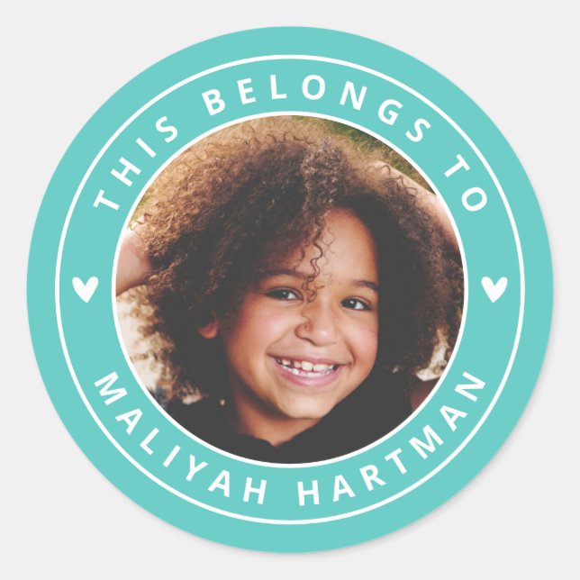 Cute Hearts Circle Frame Photo Name School Aqua Classic Round Sticker (Front)