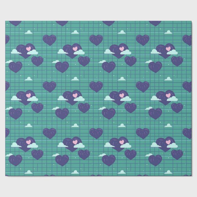 Cute Hearts Clouds Retro Grid Squares Pattern Wrapping Paper (Seam)