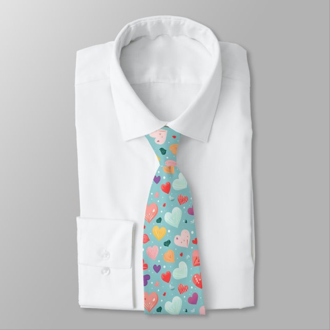 Cute Hearts Colourful Pattern Tie (Tied)