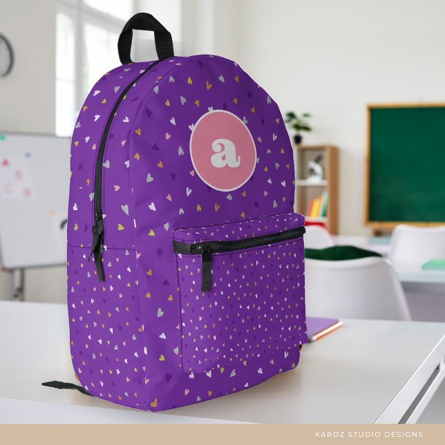 Cute Hearts Girl Monogram Personalized School Printed Backpack (Creator Uploaded)