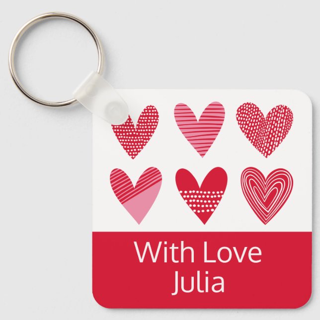 Cute hearts in red and pink with text keychain (Front)