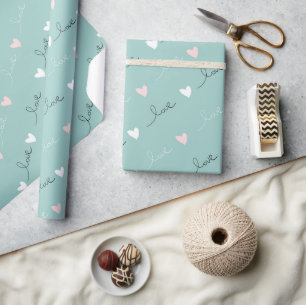 Cute Hearts & Love Script Valentines Day Aqua Blue Wrapping Paper