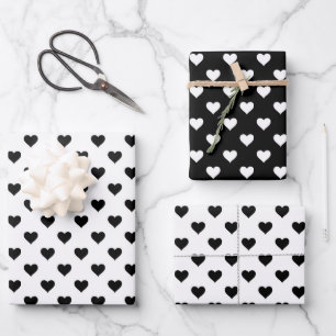 Cute Hearts Pattern Black And White Wrapping Paper Sheet