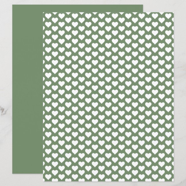 Cute Hearts Pattern Sage Green Scrapbook Paper (Front/Back)