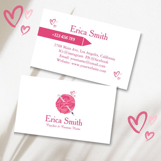 Cute Hearts Pink Crochet Yarn Business Card (Creator Uploaded)