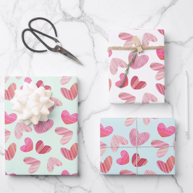 Cute Hearts Pink Watercolor & Texture Pattern  Wrapping Paper Sheet (Front)