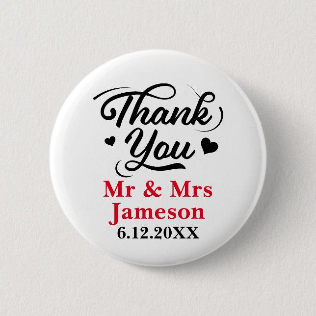 Cute Hearts Thank You Mr Mrs Wedding 2 Inch Round Button (Front)