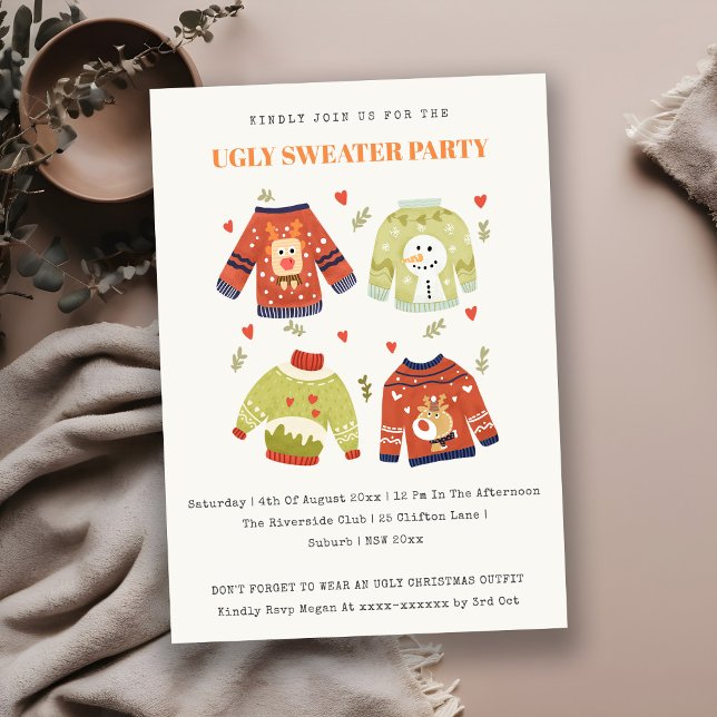 Cute Hearts Ugly Sweater Christmas Party Invite (Creator Uploaded)