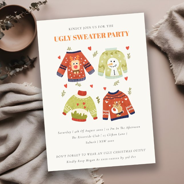Cute Hearts Ugly Sweater Christmas Party Invite (Creator Uploaded)