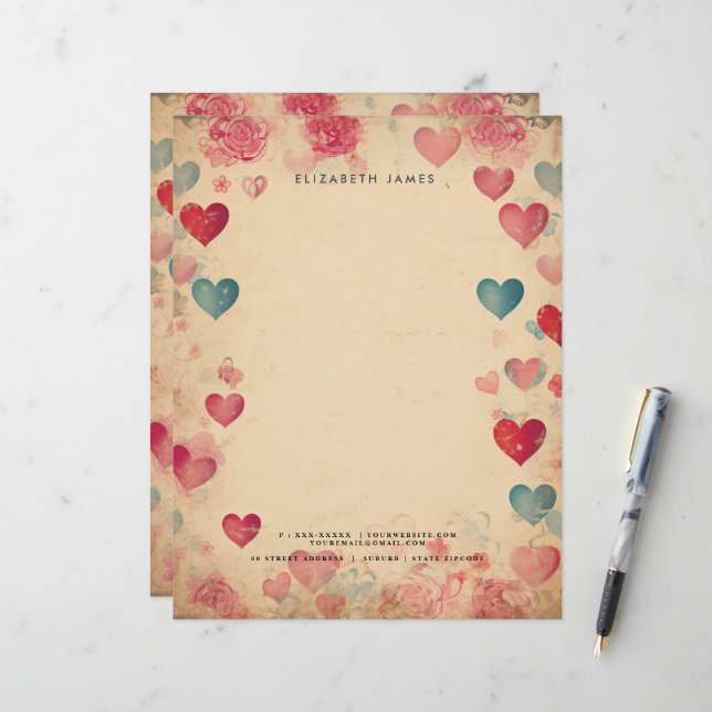 Cute Hearts Vintage Valentines Day Personized Letterhead (Front/Back In Situ)