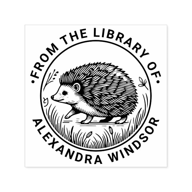 Cute Hedgehog #2 Round Library Book Name Self-inking Stamp (Design)