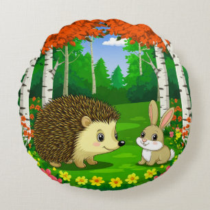 Cute Hedgehog and bunny in a Bright Forest Round Pillow