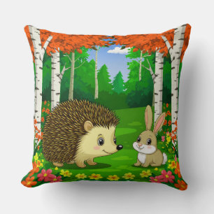 Cute Hedgehog and bunny in a Bright Forest Throw Pillow