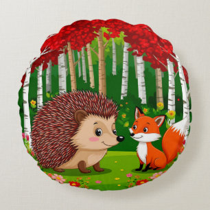 Cute Hedgehog and fox n a Bright Forest Round Pillow