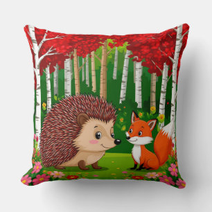 Cute Hedgehog and fox n a Bright Forest Throw Pillow