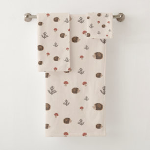 Cute Hedgehog and Mushrooms Forest Pattern Bath Towel Set