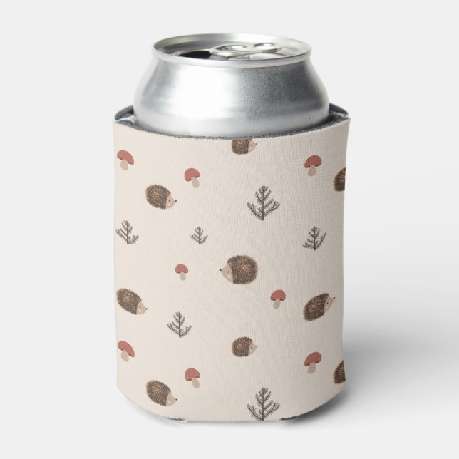 Cute Hedgehog and Mushrooms Forest Pattern Can Cooler (Can Front)