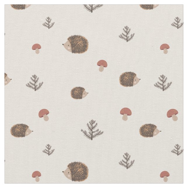 Cute Hedgehog and Mushrooms Forest Pattern Fabric (Close Up)
