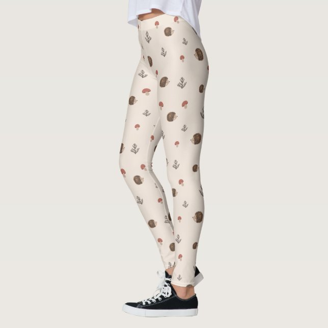Cute Hedgehog and Mushrooms Forest Pattern Leggings (Left)