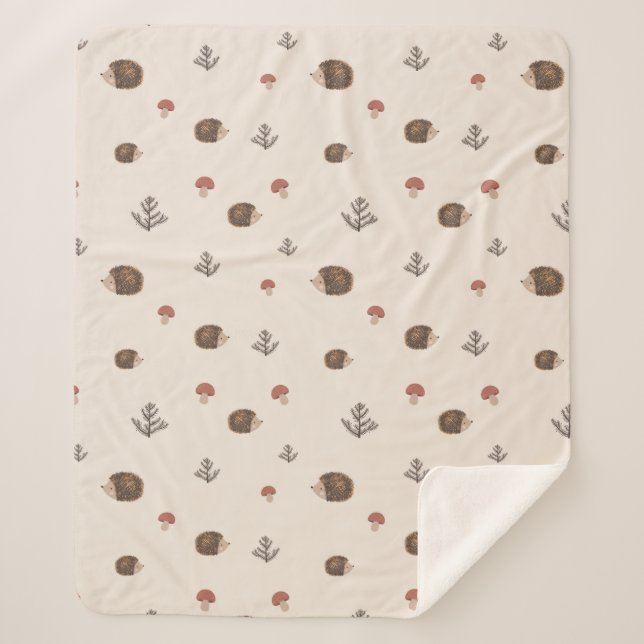 Cute Hedgehog and Mushrooms Forest Pattern Sherpa Blanket (Front)