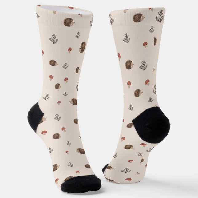 Cute Hedgehog and Mushrooms Forest Pattern Socks (Angled)
