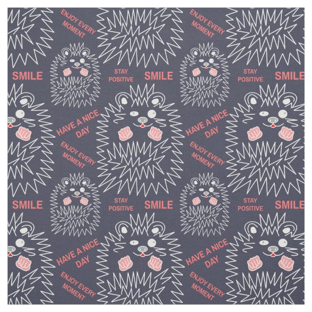 Cute Hedgehog And Positive Text Pattern For Black Fabric (Swatch)