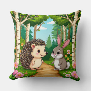 Cute Hedgehog And Rabbit Meeting Throw Pillow