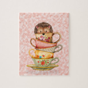 Cute Hedgehog and Stack of Colourful Teacups Pink Jigsaw Puzzle