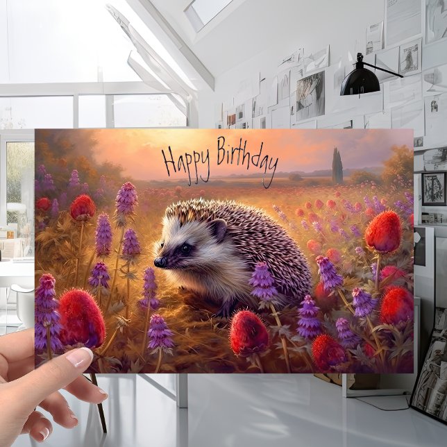Cute Hedgehog at Sunset with Flowers Birthday Card (Creator Uploaded)