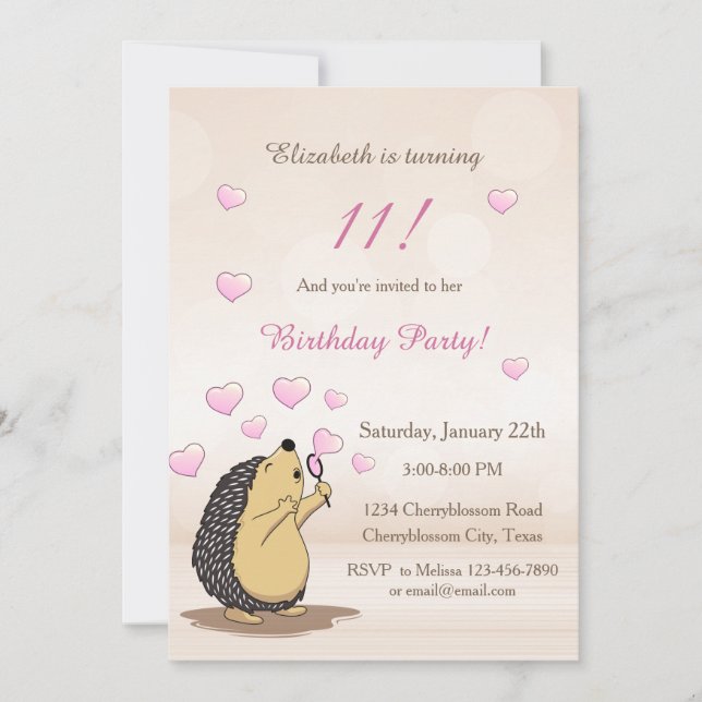 Cute Hedgehog Autmn  Girl´s Birthday  Invitation (Front)