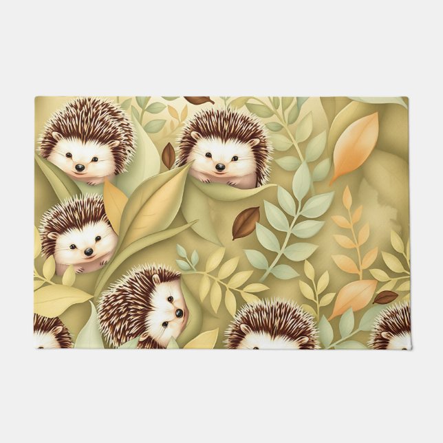 Cute Hedgehog Autumn Leaves Pattern Doormat (Front)