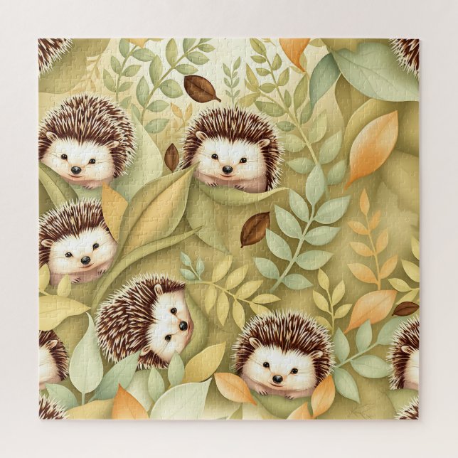 Cute Hedgehog Autumn Leaves Pattern Jigsaw Puzzle (Vertical)