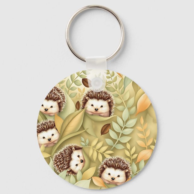 Cute Hedgehog Autumn Leaves Pattern Keychain (Front)