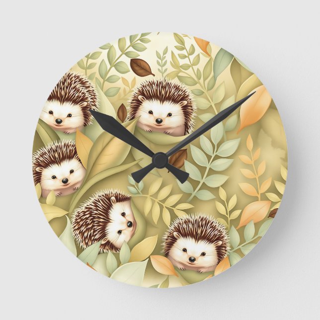 Cute Hedgehog Autumn Leaves Pattern Round Clock (Front)