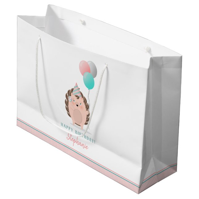 Cute Hedgehog Birthday Large Gift Bag (Front Angled)