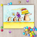 Cute Hedgehog Birthday postcard<br><div class="desc">Wish friends or family a Happy Birthday with this cute hedgehog card. Four hedgehogs are running from left to right, each bringing something for a birthday party. The first is carrying a giant birthday cake with lots of burning candles, the second is bringing a gift, the third a flower, and...</div>