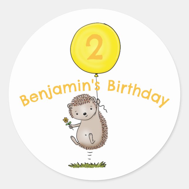 Cute hedgehog cartoon personalized birthday classic round sticker (Front)