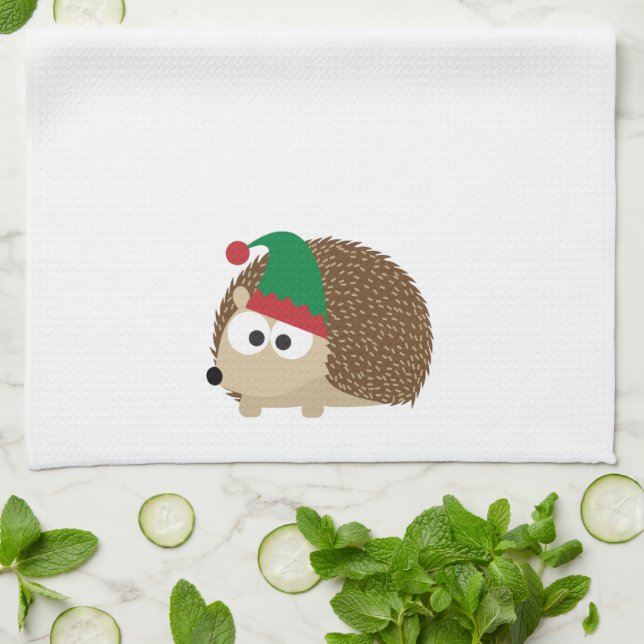 cute Hedgehog Christmas Elf Kitchen Towel (Folded)